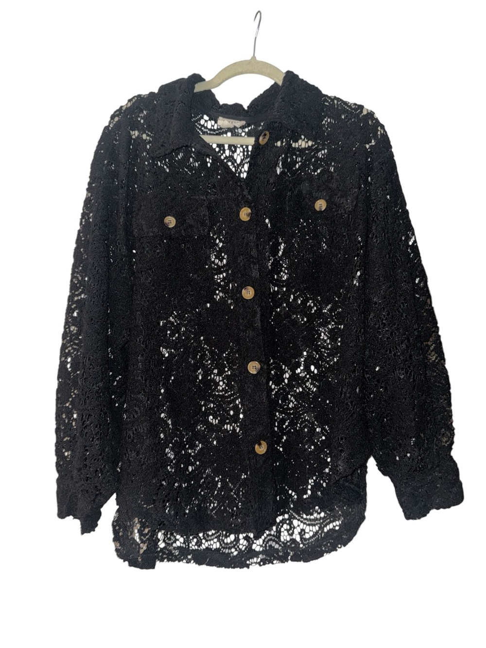 BiBi Black Lace Button-Front Shacket Front Pockets Size L
